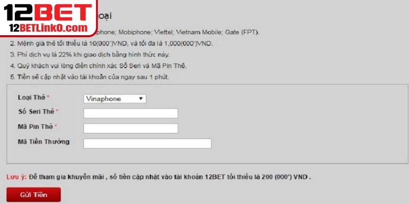 Hướng dẫn nạp tiền 12BET đủ và chi tiết